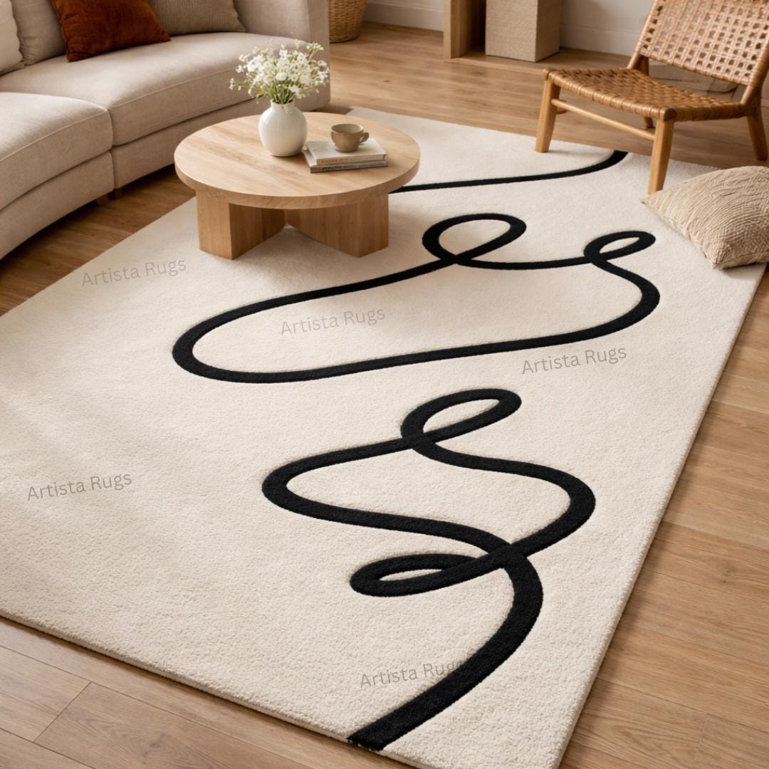 Abstract Rug Minimalistic Abstract Line Art Rug, Minimalist Black Cream Area Rug, Modern Artistic ...