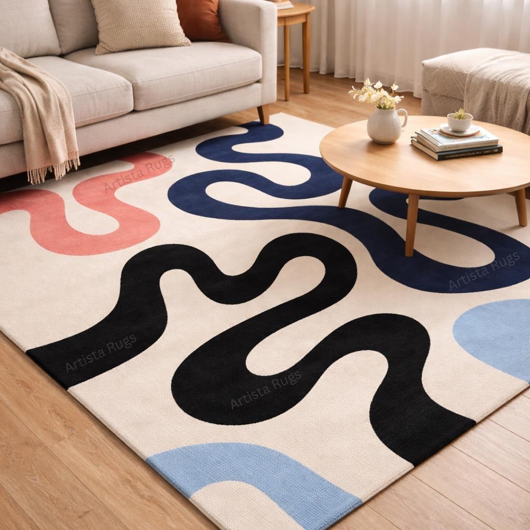 Abstract Squiggle Rug, Modern Mid Century Area Rug, Colorful Wave ...