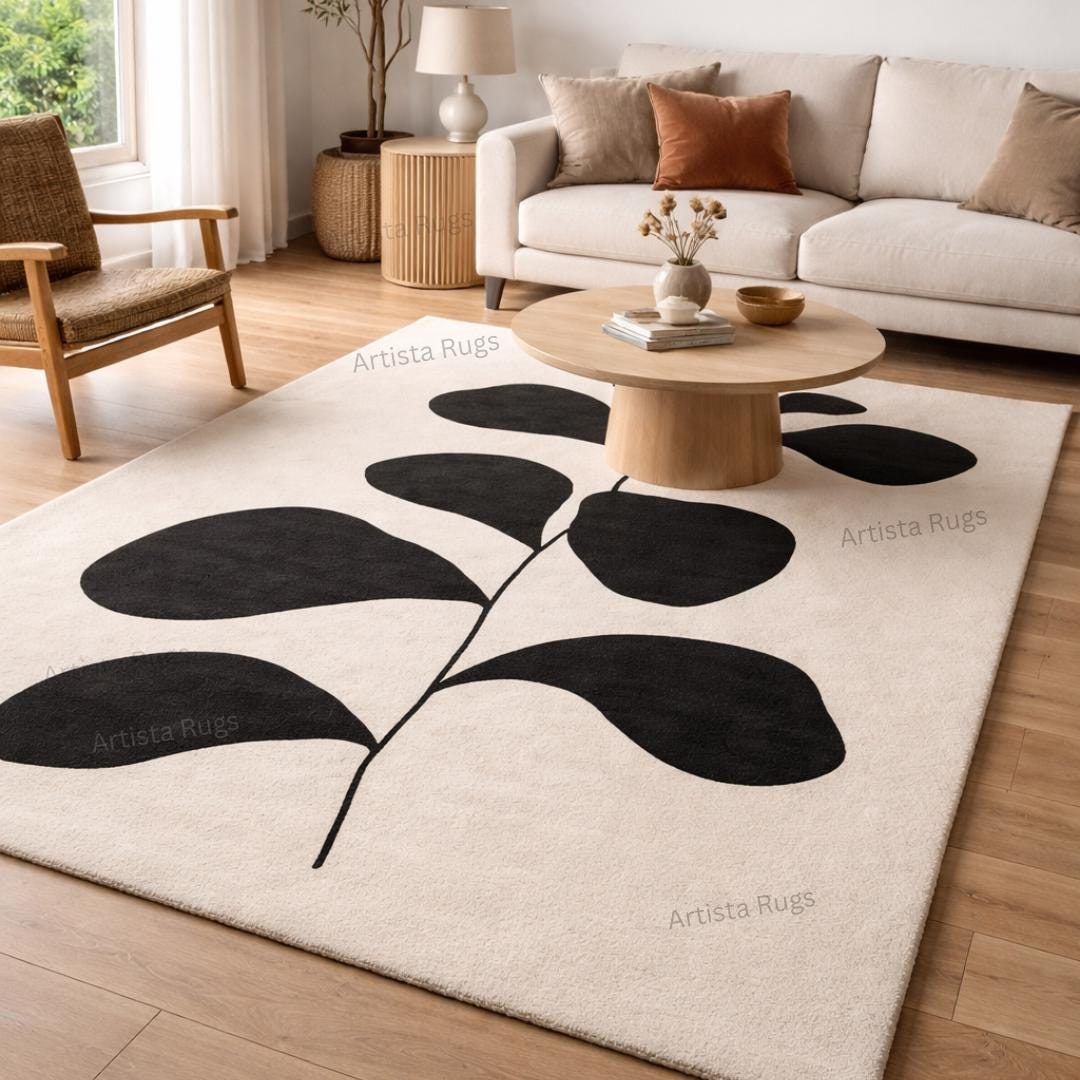 Shadow Botanical Rugs Black Botanical Rug, Modern Leaf Area Rug, Minimalist Cream Carpet ...