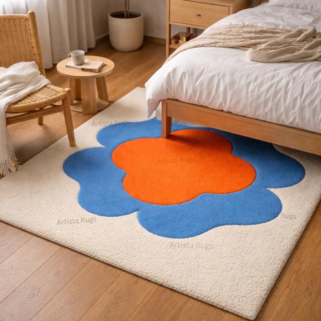 Abstract Flower Wool Rug, Modern Hand Tufted Carpet, Blue Orange Floral ...