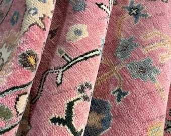Pink Hand Knotted Oushak Rug | Turkish Vintage Area Carpet | Rose Oriental Wool Rug | Boho Living Room Decor | Handmade Traditional Rug