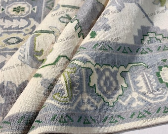 Hand Knotted Ivory Oushak Rug, Neutral Floral Wool Carpet, Grey & Sage Green Low Pile Area Rug for Modern Homes