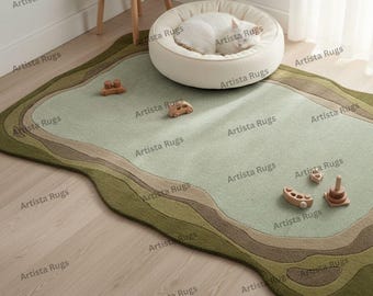 Groen landschapskleed | Aards gelaagd organisch tapijt | Topografisch handgetuft vloerkleed | Modern minimalistisch decor | Op maat gemaakt tapijt met golvende vorm