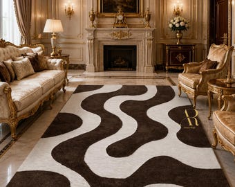 Tappeto ondulato neutro / Tappeto astratto beige e crema / Tappeto moderno con motivo curvo / Decorazione per soggiorno con motivo a tufting morbido / Fatto a mano su misura