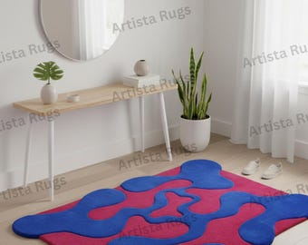 Modern abstract blauwroze vloerkleed | Golvend tapijt met organische vorm | Handgetuft designer vloerkleed | Trendy esthetische vloermat voor interieurdecoratie