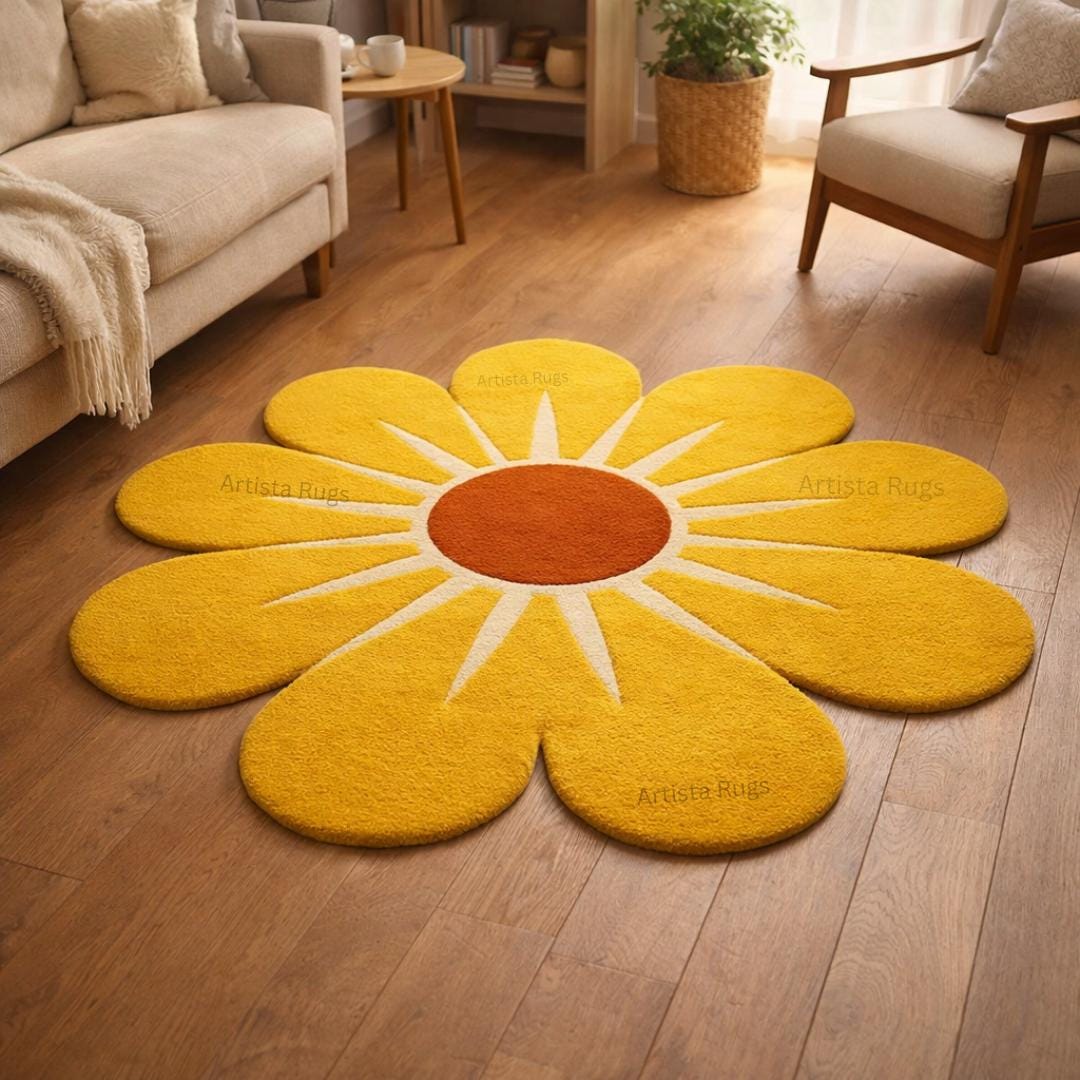 Flower Shape Wool Rug, Yellow Daisy Hand Tufted Carpet, Cute Floral ...