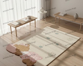 Cute Teddy Bear Kids Rug | Nursery Carpet for Baby Room | Soft Tufted Playroom Rug | Pastel Butterfly Children’s Area Rug | Custom Size
