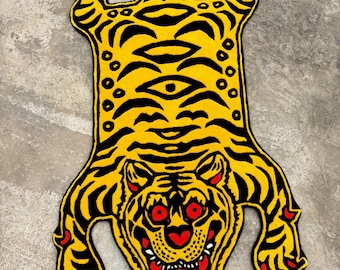 Tibetan Tiger Rug | Hand-Tufted Tiger Carpet | Bold Yellow Animal Shaped Rug | Boho Bedroom Decor | Statement Art Rug | Custom Size