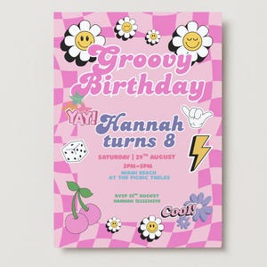 Editable Groovy Birthday kids Party Invitation Let&#39;s Party Birthday Boho Retro Flower Power 70&#39;s Girl Pink Digital Evite Template Printable