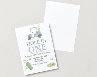 May include: White invitation card with a watercolor illustration of a golf cart, golf bag, and a green with a flag. The text reads "HOLE IN ONE" and announces a first birthday party.