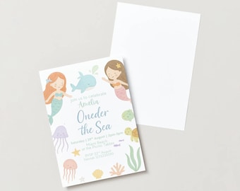 Oneder the Sea Birthday Invitation Printable, Under the Sea Editable Template, 1st Birthday Invite, Ocean Animals Girls Under the Sea Invite