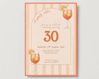 Invitación de cumpleaños para chicas con Aperol Spritz, naranja, cóctel femenino, 30, 40 y 50 años, plantilla editable e imprimible de Canva.