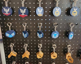 US Military Rank Keychain| Custom Army, Navy, Air Force, Marine Corps Insignia| Veteran Keepsake