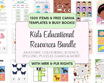 Op de afbeelding: Een bundel educatieve hulpmiddelen voor kinderen met de tekst "Kids Educational Resources Bundle". De bundel bevat verschillende leermaterialen zoals puzzels, kleurplaten en wetenschappelijke activiteiten. De tekst "1500 ITEMS & FREE CANVA TEMPLATES & BUSY BOOKS!" is ook aanwezig.