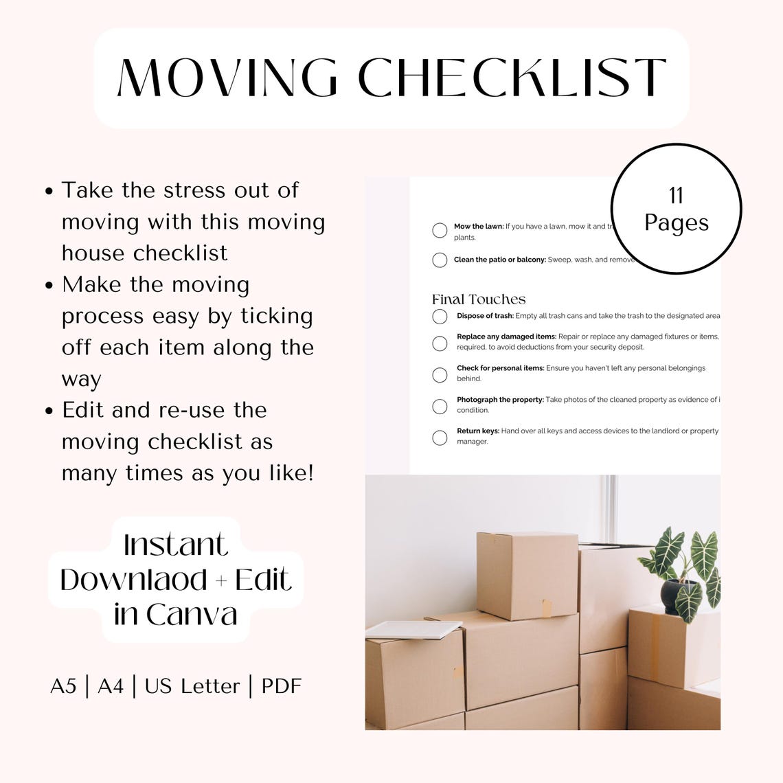 Editable Moving Checklist Canva Template: Home Move Planner (digital ...