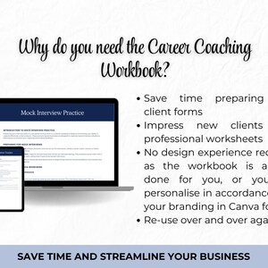 May include: A laptop and tablet display a career coaching workbook. The text on the screen reads "Mock Interview Practice." The image also includes the text "Why do you need the Career Coaching Workbook?" and bullet points about saving time and impressing clients.