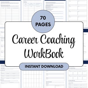 Op de afbeelding: Een carrière coaching werkboek met 70 pagina's, met een omslag met de tekst "Career Coach Workbook" en een afbeelding van een vrouw. Het werkboek bevat verschillende werkbladen en formulieren voor loopbaanontwikkeling, met het woord "Instant Download".