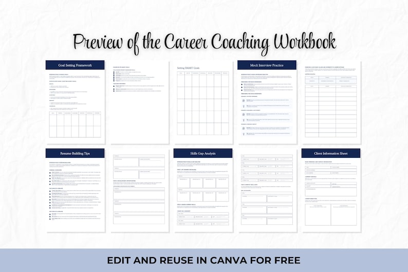 May include: A preview of a career coaching workbook with various pages. The pages include sections for goal setting, SMART goals, interview practice, resume building, skills gap analysis, and client information. The text "Edit and Reuse in Canva for Free" is at the bottom.