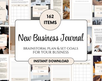 May include: A digital product image featuring a "New Business Journal" with the text "Brainstorm, Plan & Set Goals For Your Business". The image includes various journal pages, prompts, and the words "Instant Download" and "162 Items".