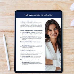 May include: A digital tablet displays a "Self-Assessment Introduction" with text and a photo of a smiling woman. A white stylus and flowers are on a wooden surface.