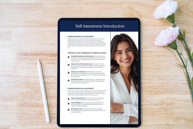 May include: A digital tablet displays a "Self-Assessment Introduction" with text and a photo of a smiling woman. A white stylus and flowers are on a wooden surface.