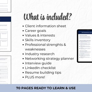 May include: A digital product with career development resources. The image shows a tablet displaying a self-assessment introduction, along with worksheets and a list of included items such as career goals and resume building tips. The text reads "70 PAGES READY TO LEARN & USE."