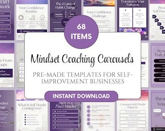 May include: A collection of purple and white templates for self-improvement businesses. The image includes the text "Mindset Coaching Carousels" and "Instant Download". The templates cover topics like confidence, habit change, and self-doubt.