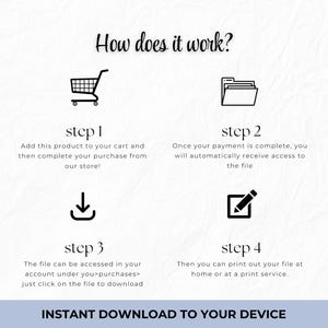 May include: An informational graphic with the title "How does it work?" and four steps. Each step is illustrated with a simple black icon and text explaining the process of purchasing and downloading a digital product. The bottom of the graphic reads "INSTANT DOWNLOAD TO YOUR DEVICE."