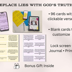 K&ouml;nnte beinhalten: Ein Bild, das ein religi&ouml;ses Produkt bewirbt. Es zeigt ein Smartphone, ein Tablet und ein Telefon, die Inhalte anzeigen. Der Text enth&auml;lt "REPLACE LIES WITH GOD'S TRUTH", "96 Karten mit anklickbaren Versen" und "Bonus Gift Inside". Enth&auml;lt Sperrbildschirm, Journal und Druckoptionen.