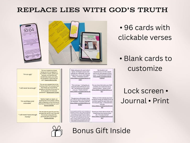 K&ouml;nnte beinhalten: Ein Bild, das ein religi&ouml;ses Produkt bewirbt. Es zeigt ein Smartphone, ein Tablet und ein Telefon, die Inhalte anzeigen. Der Text enth&auml;lt "REPLACE LIES WITH GOD'S TRUTH", "96 Karten mit anklickbaren Versen" und "Bonus Gift Inside". Enth&auml;lt Sperrbildschirm, Journal und Druckoptionen.