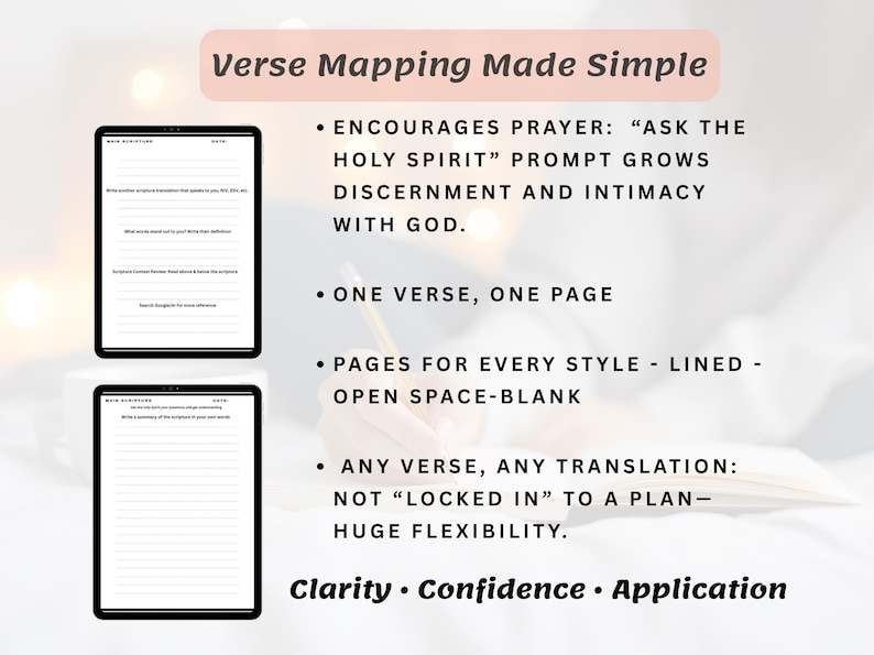 K&ouml;nnte beinhalten: Zwei schwarze Tablets mit wei&szlig;en, linierten Seiten werden angezeigt, mit dem Text "Verse Mapping Made Simple" oben. Der Text hebt Funktionen wie das Ermutigen zum Gebet, einen Vers pro Seite und Flexibilit&auml;t hervor. Der untere Text lautet "Clarity &bull; Confidence &bull; Application."
