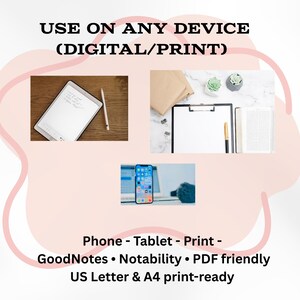 K&ouml;nnte beinhalten: Das Bild zeigt digitale Ger&auml;te: ein Tablet mit Stift, ein Smartphone und ein Klemmbrett mit Stift. Der Text lautet &bdquo;USE ON ANY DEVICE (DIGITAL/PRINT)&ldquo; und listet &bdquo;Phone - Tablet - Print&ldquo; und &bdquo;GoodNotes &bull; Notability &bull; PDF friendly&ldquo; auf.