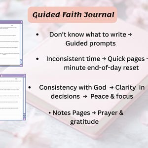 K&ouml;nnte beinhalten: Ein rosa gef&auml;rbtes Guided Faith Journal mit dem Titel oben. Das Journal enth&auml;lt gef&uuml;hrte Eingabeaufforderungen, Schnellseiten f&uuml;r einen 5-Minuten-Feierabend-Reset und Notizseiten f&uuml;r Gebet und Dankbarkeit. Zwei digitale Seiten werden angezeigt.