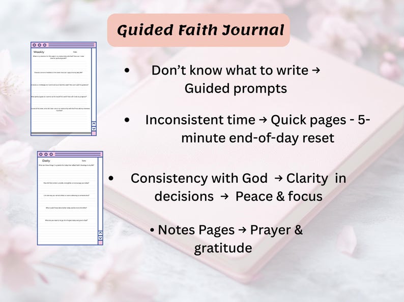 K&ouml;nnte beinhalten: Ein rosa gef&auml;rbtes Guided Faith Journal mit dem Titel oben. Das Journal enth&auml;lt gef&uuml;hrte Eingabeaufforderungen, Schnellseiten f&uuml;r einen 5-Minuten-Feierabend-Reset und Notizseiten f&uuml;r Gebet und Dankbarkeit. Zwei digitale Seiten werden angezeigt.