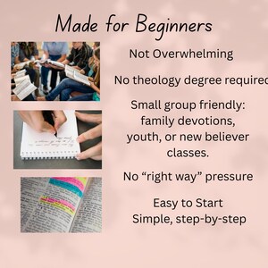 K&ouml;nnte beinhalten: Bild mit dem Text "Made for Beginners" und anderem Text, der das Produkt beschreibt. Das Bild enth&auml;lt Fotos von Menschen, die B&uuml;cher lesen, in ein Notizbuch schreiben und ein markiertes offenes Buch. Der Text betont die Benutzerfreundlichkeit.