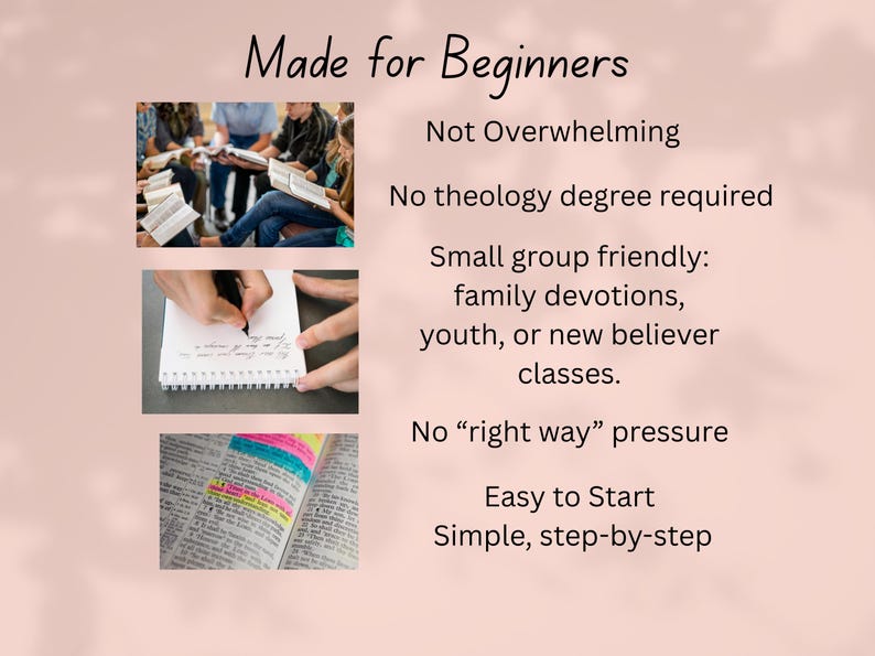 K&ouml;nnte beinhalten: Bild mit dem Text "Made for Beginners" und anderem Text, der das Produkt beschreibt. Das Bild enth&auml;lt Fotos von Menschen, die B&uuml;cher lesen, in ein Notizbuch schreiben und ein markiertes offenes Buch. Der Text betont die Benutzerfreundlichkeit.