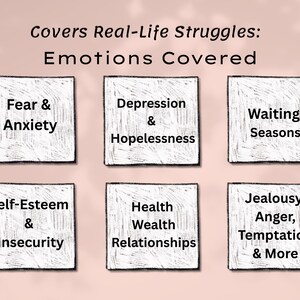 K&ouml;nnte beinhalten: Bild mit Text: "Deckt reale K&auml;mpfe ab: Emotionen abgedeckt." Das Bild listet verschiedene Emotionen auf, wie Angst & Sorge, Depression & Hoffnungslosigkeit, Wartende Jahreszeiten, Selbstwertgef&uuml;hl & Unsicherheit, Gesundheit, Wohlstand, Beziehungen und Eifersucht, Wut, Versuchung & mehr.