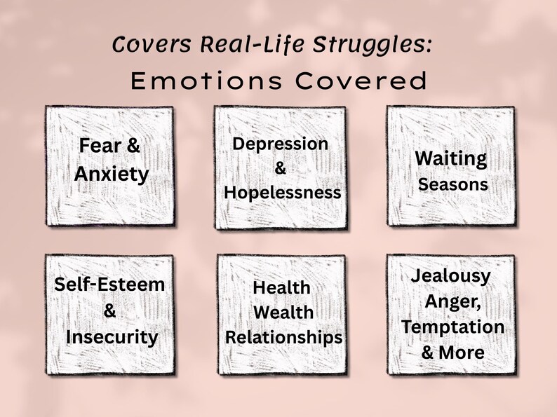 K&ouml;nnte beinhalten: Bild mit Text: "Deckt reale K&auml;mpfe ab: Emotionen abgedeckt." Das Bild listet verschiedene Emotionen auf, wie Angst & Sorge, Depression & Hoffnungslosigkeit, Wartende Jahreszeiten, Selbstwertgef&uuml;hl & Unsicherheit, Gesundheit, Wohlstand, Beziehungen und Eifersucht, Wut, Versuchung & mehr.