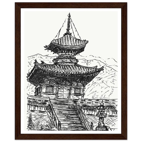 京都寺院水墨画 - 木枠 - Etsy 日本