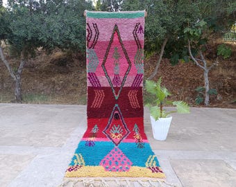 Tufted Moroccan Runner Rug, Beni Ourain Wool Runner, Handmade Pink & Blue Rug, Soft Geometric Beni ourain Rug, Abstract Woven Berber Carpet.