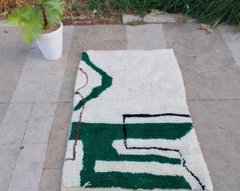 Green and White Moroccan Wool Rug, Handwoven Berber Tribal Rug, Beautiful Authentic Moroccan rug