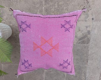 Handmade Cactus Silk Pillow: Moroccan Berber Design, Lavender Purple