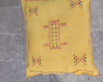 Handmade Moroccan Silk Pillow Cover, Yellow Sabra Cactus Silk, Berber Decor
