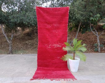 Red Traditional Wool Rug 3 x 8 ft, Vintage Red Moroccan Rug, Berber Authentic Handmade Rug, Wool Minimaliste Rug, Handwoven Beni Ourain Rug.