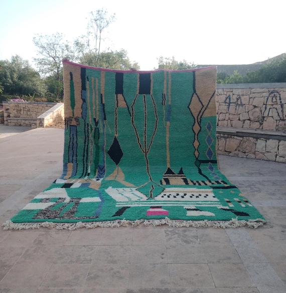 Hand Knotted Green Berber Wool Rug, Custom Moroccan Area Rug
