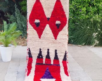 Handmade Beni Ourain Runner Rug: Red & White Moroccan Berber Wool