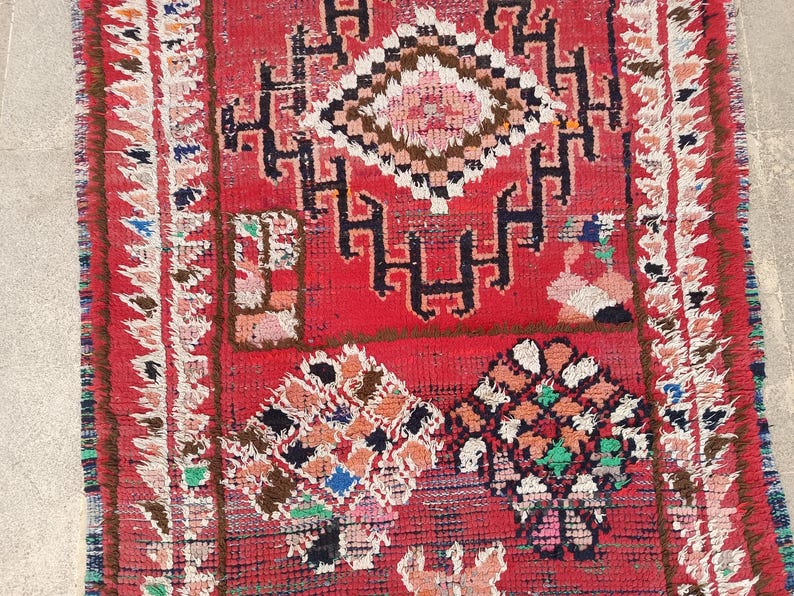May include: A vibrant red rug with intricate geometric patterns in black, white, brown, and various other colors. The rug features a central diamond-shaped design and floral motifs, with a fringed border.