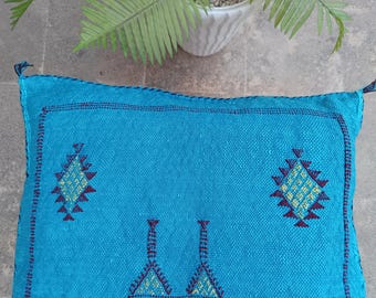 Handmade Sabra Cactus Silk Pillow Cover, Blue Berber Tribal Embroidery