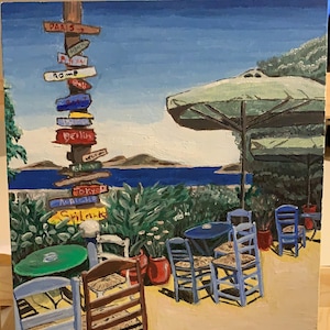 Terrasse à Kos-Greece-Painture àl'huile original 20x20