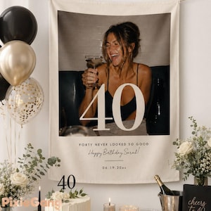 May include: A rectangular fabric wall hanging featuring a large photo of a smiling person holding a glass, overlaid with the number 40 in large white font. Below the photo, the text reads Forty Never Looked So Good, Happy Birthday Sarah, 06.19.20xx.